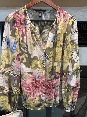 White House Black Market Olive Multi Floral V-Neck Blouse